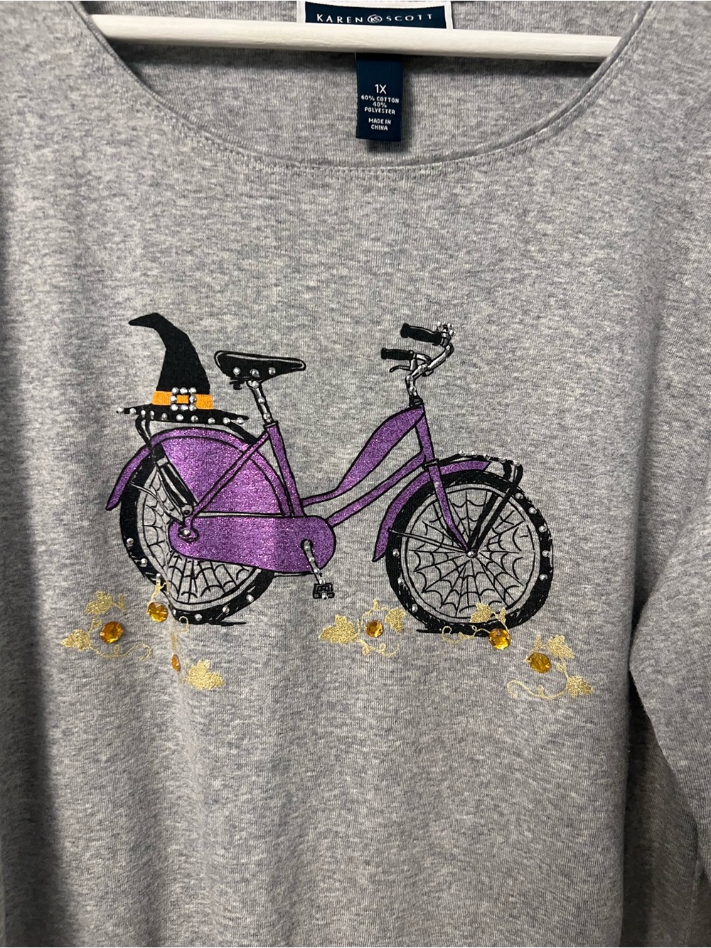 Karen Scott Gray Sweatshirt with Purple Bicycle and Gold Accents